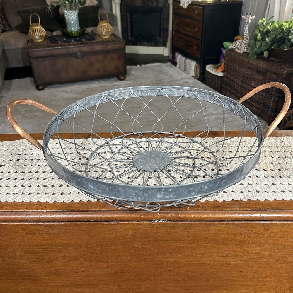 Farmhouse Galvanized Steel Wire Basket Copper Handles Large Table Decor 16.5 Dia